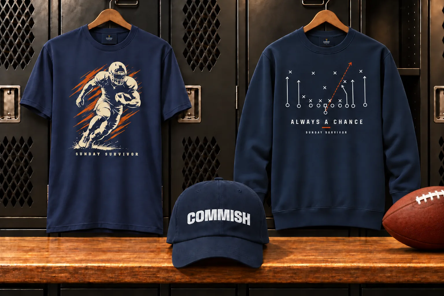 Sunday Survivor navy Breakaway tee and Always A Chance sweatshirt hanging in a locker room, above a navy COMMISH hat and a football on the bench