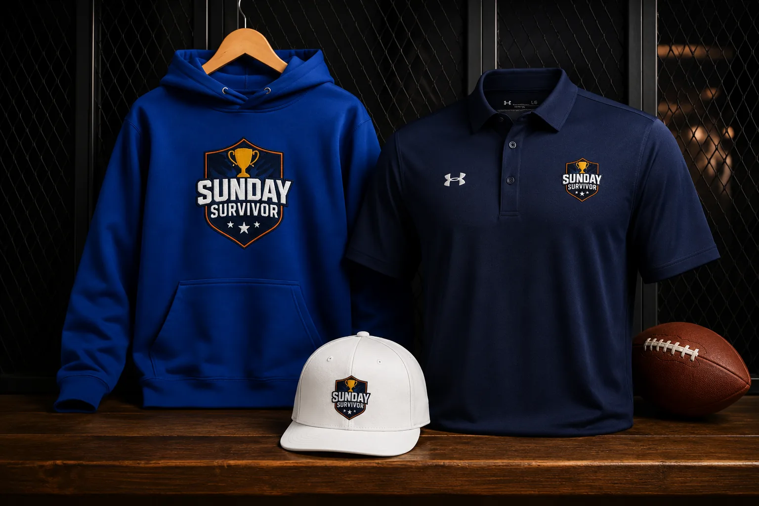 Sunday Survivor royal blue hoodie, navy Under Armour polo and white cap beside a football